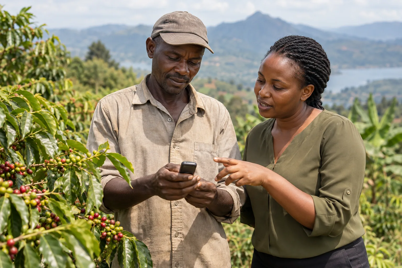 Umuhinzi yiga gukoresha telefone isanzwe.